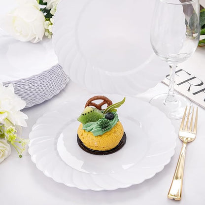 U-QE 100 Pieces White Plastic Plates - 9 Inch White Disposable Plates - Washable & Reusable - Premium Hard Plates - Party Supplies for Party, Celebrations, Travel, Wedding, Party and Events