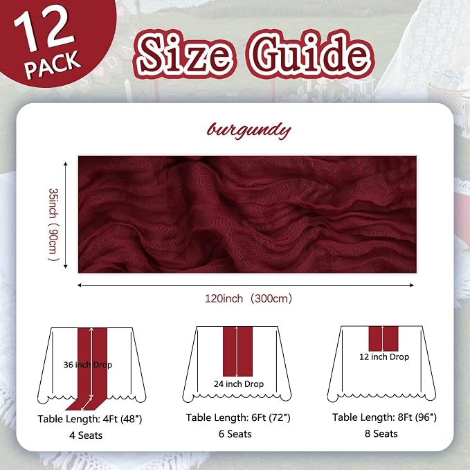 12 Pack Burgundy Cheesecloth Table Runner 35 x 120 Inch | Boho Gauze Cheese - Image 2