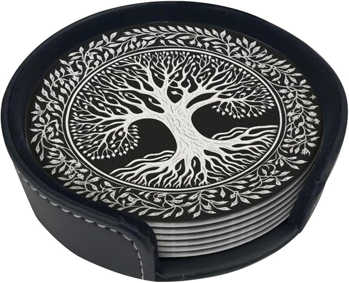 Drink Coasters with Holder Stand Set of 6, Tree of Life Stamp Pu Leather - Image 6