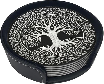 Drink Coasters with Holder Stand Set of 6, Tree of Life Stamp Pu Leather - Image 6