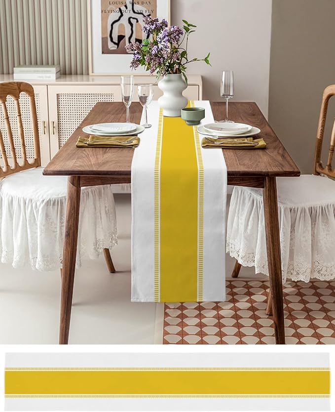 Yellow Table Runners 70 inches Long, Modern Stripes Table Runner Farmhouse - Image 3