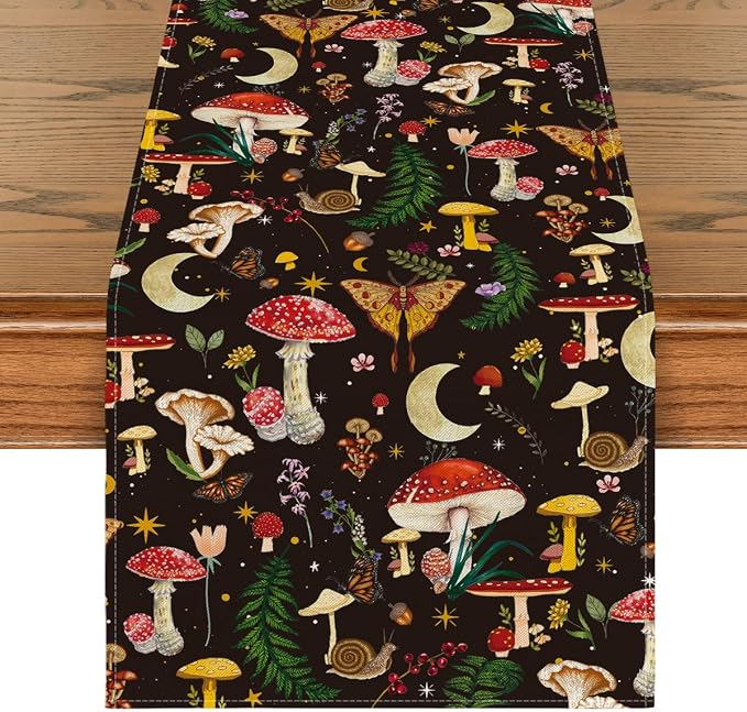 Artoid Mode Black Modern Mushroom Fall Table Runner, Seasonal Botanic Farmhouse by ArtoidMode