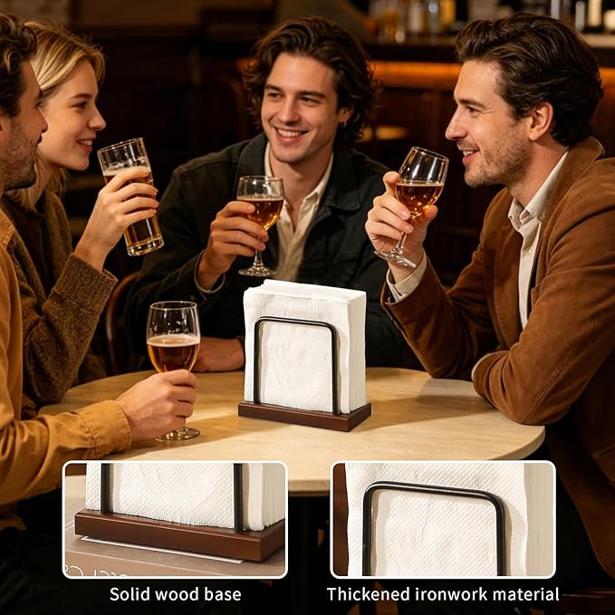 Napkin Holder with Wooden Base and Black Metal Frame, Modern Style - Image 5
