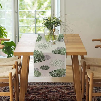 Sage Green Grey Table Runner Dahlia Pinnata Flower Beige Table Runners Modern - Image 4
