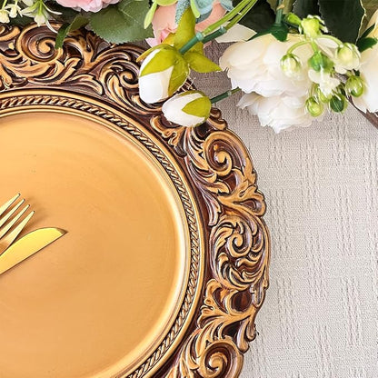 Antique Gold Charger Plates, 13 Inch Dinner Plate Chargers Round Server Ware. - Image 5