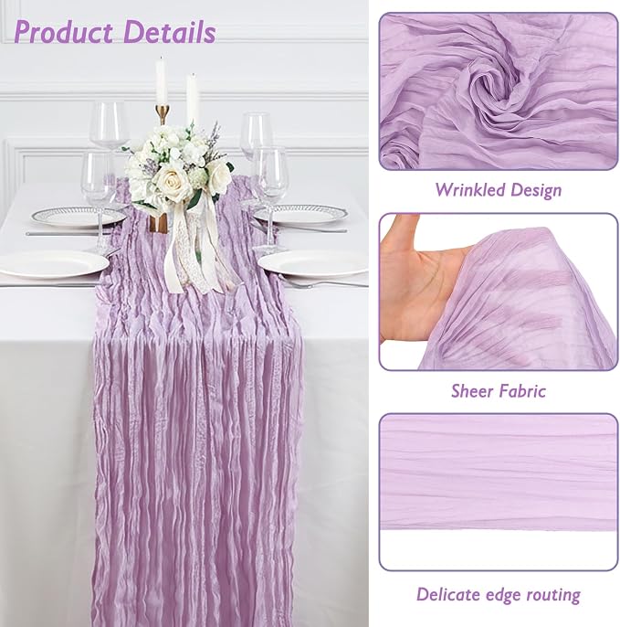 3 Pack Lilac Purple Cheesecloth Table Runner 120 Inch Boho Wedding Decor | - Image 3