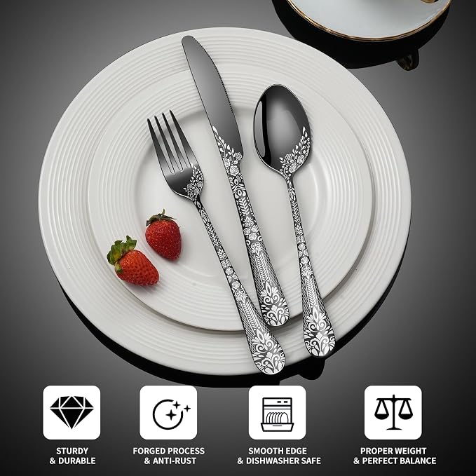 40 Piece Black Silverware Set, Stainless Steel Flatware Cutlery Set Service - Image 3