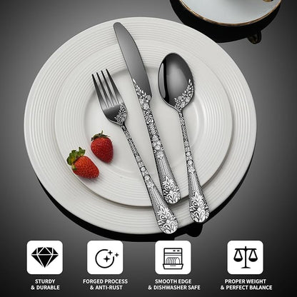 40 Piece Black Silverware Set, Stainless Steel Flatware Cutlery Set Service - Image 3