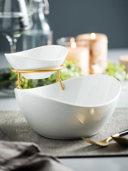 Porcelain Serving Bowl Set for Appetizer Serving Dishes Set with 2 Compartment, Chip and Dip Taco Rack Display Salad Bar Serving Set, Gold Stand