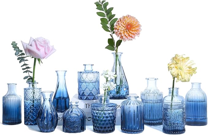 Navy Blue Glass Bud Vases Set of 12, Mini Flower Vase for Centerpieces, Small Glass Vases in Bulk for Wedding Decorations, Vintage Vase Bridal Shower, Party, Graduation, Home Table Décor