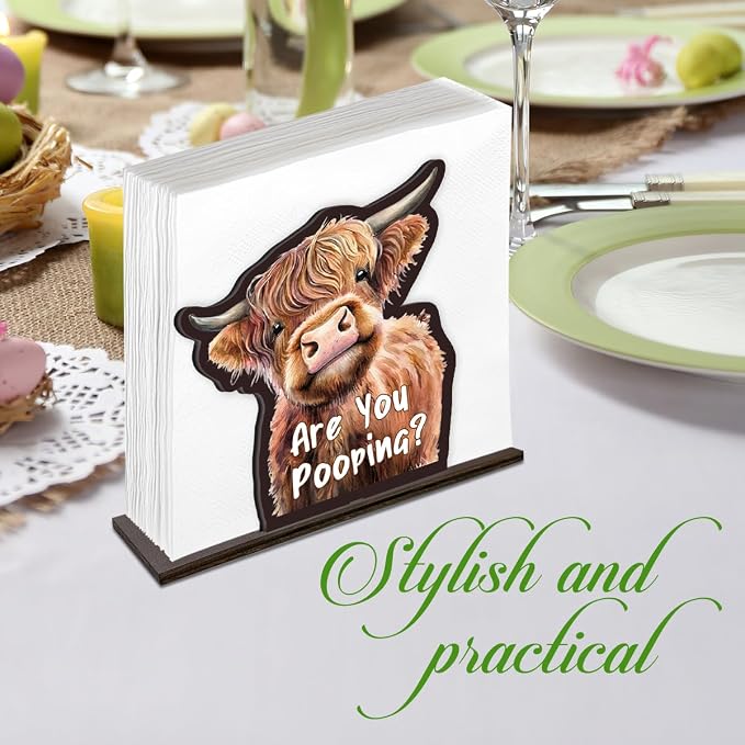 Cute Wooden Napkin Holder Highland Cow Design Farmhouse Cow Are You Pooping - Image 5