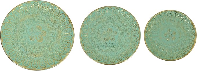 Rustic Round Decorative Tray Set of 3 Vintage Hammered Metal Trays Distressed Design Circle Candle Plate for Candle Coffee Entryway Table Kitchen Bathroom Wedding Party Counter Organizer Decor (Green)
