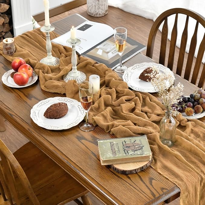 Artoid Mode Boho Cheesecloth Gauze Mustard Yellow Wedding Table Runner - Image 2