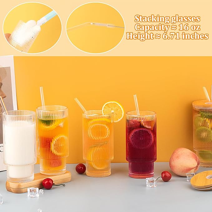 6 Pcs 16oz Ribbed Glass Cups - Image 3