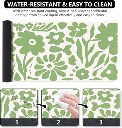 iCasso Desk Mat, XXL Large Anti-Slip Mouse Pad with Stitched Edges, Keyboard Mat for Work, Gaming (Green Flowers)