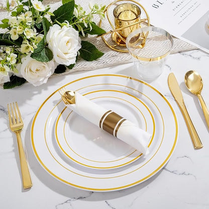 WELLIFE 350Pcs Gold Plastic Plates for 50 Guests - Plastic Dinnerware Set, Includes 100 Party Plates,150 Gold Silverware Disposable,50 Napkins,50 Cups,Disposable Plates for Party and Wedding