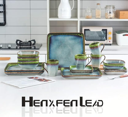 HENXFEN LEAD Small Square Ceramic Plates 6.3 Inch – Dessert, Appetizer & Snack Plates Microwave & Dishwasher Safe – Set of 4, Reactive Glaze Green
