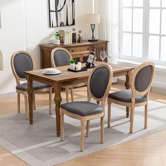 Vintage French Dining Chairs Set of 8, Round Back Accent Chairs with Linen Seat and Solid Wood Frame, Farmhouse Sillas de Comedor Upholstered for Dining Room & Kitchen, Gray