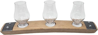 Premium Barrel Stave Whiskey Flight, includes 3 Crystal Glencairn Glasses (Natural with Glass)