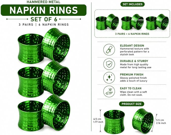 ITOS365 Green Napkin Rings Set of 6, Handmade Hammered Metal Napkin Ring Holders - Image 3