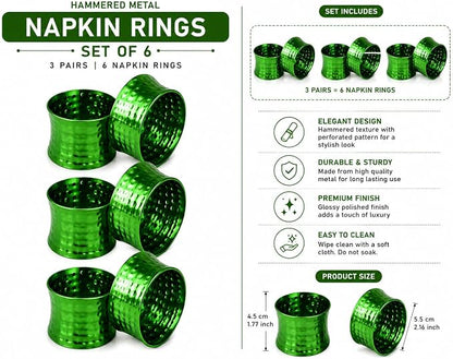 ITOS365 Green Napkin Rings Set of 6, Handmade Hammered Metal Napkin Ring Holders - Image 3