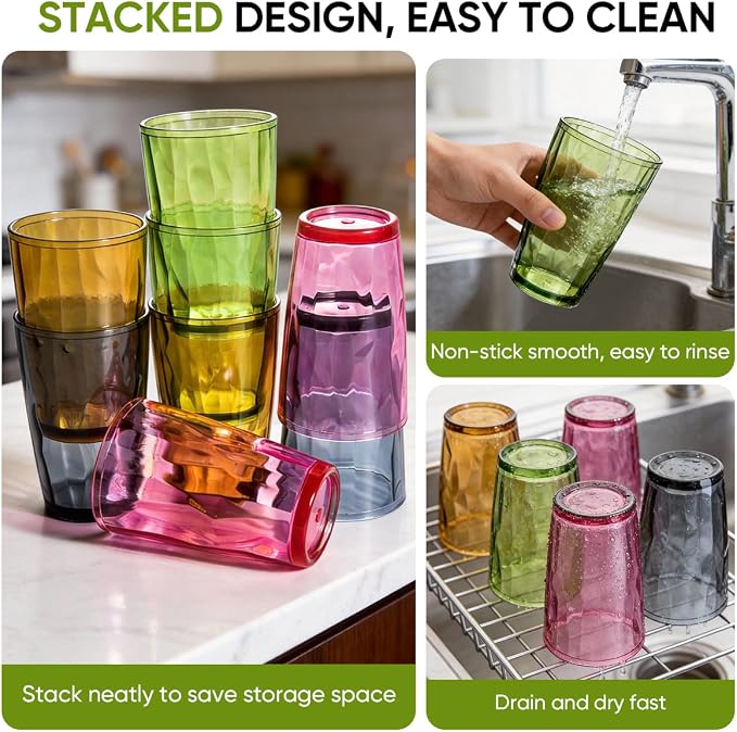KISEER 8 Pack 16oz Plastic Colors Reusable Drinking Glasses Tumblers - Image 6