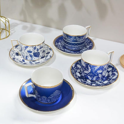 ACMLIFE Bone China Tea Cups and Saucers Set of 4, 6.8 oz Blue and White Tea - Image 7