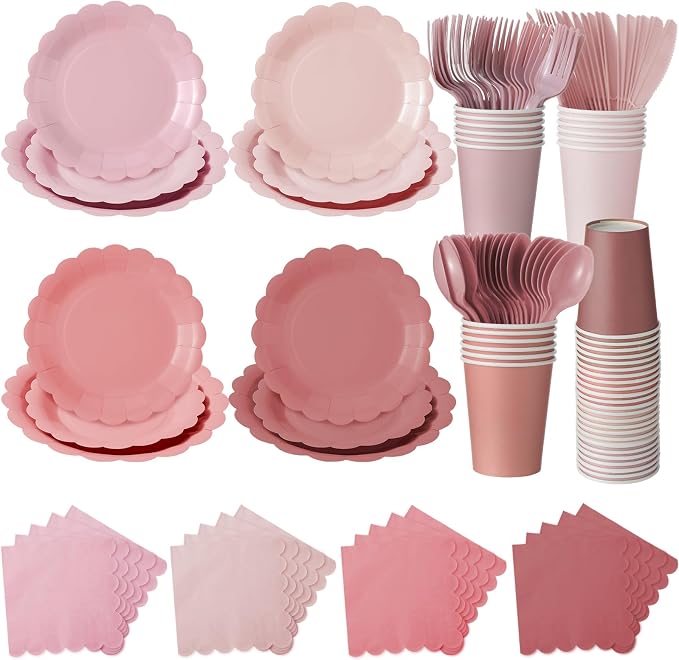 Yaomiao 168 Pcs Dusty Pink Dinnerware Sets Blush Pink Plates Round Disposable by Yaomiao