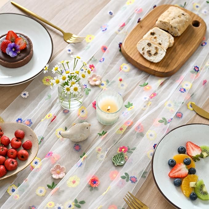 Artoid Mode 3PCS Embroidery Daisy Gauze Table Runner 120 Inch 10FT | Seasonal - Image 3
