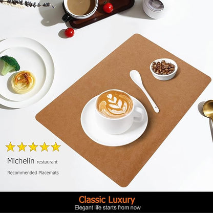 Vinyl Placemats Set of 4 Faux Leather 100% Waterproof Wipeable Washable Place Mats Heat Resistant Easy Clean Non-Slip Table Mats for Indoor Outdoor. (4, Brown)