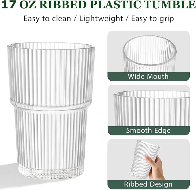 17oz Shatterproof Ribbed Glasses, Plastic Tumblers - Image 6