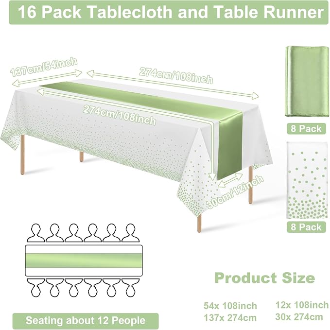 16Pack Plastic Tablecloths and Satin Table Runner Set Disposable White and Sage - Image 2
