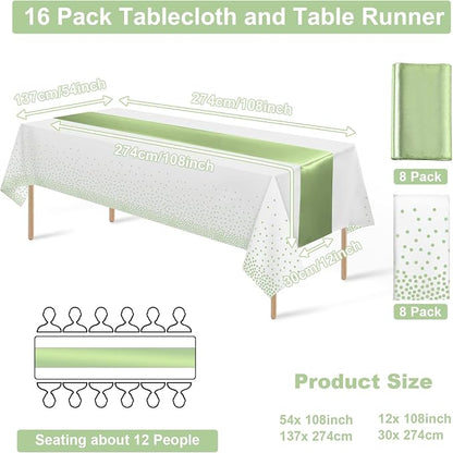 16Pack Plastic Tablecloths and Satin Table Runner Set Disposable White and Sage - Image 2