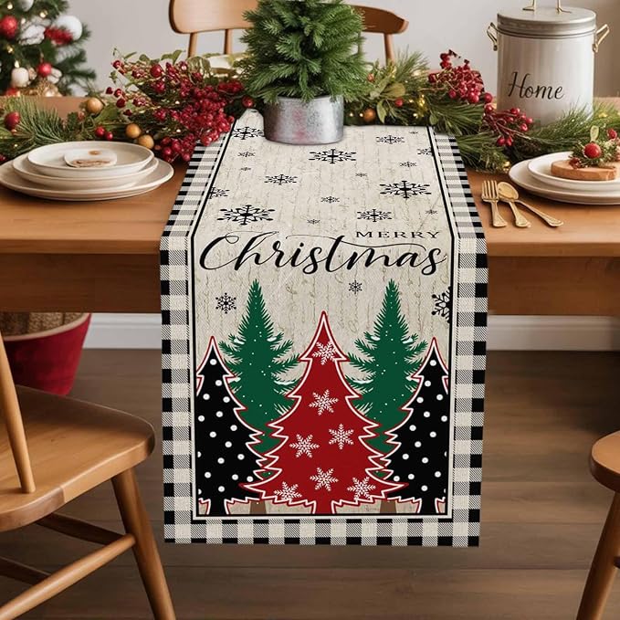 Christmas Trees Table Runner 72 Inches Long, Xmas Snowflake Retro Table Runners - Image 2