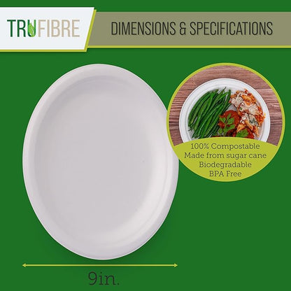 9-Inch 125-Pack Disposable Bagasse Paper Plates, Styro Foam Food Trays, Microwave Safe Meal Plates for Holidays, Party Favors & Events, Bulk