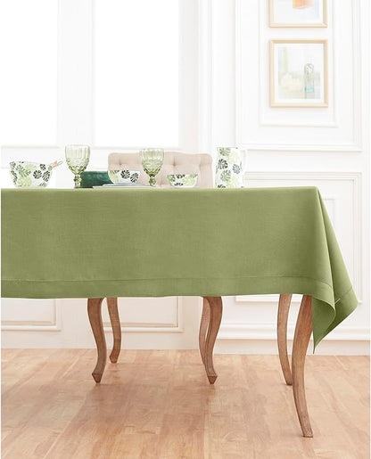 Solino Home Linen Tablecloth 60 x 144 Inch - Classic Hemstitch 100% Pure Linen Moss Green Table Cloth for Rectangle Tables - Machine Washable Tablecloth for Winter, Spring, St Patricks Day, Easter