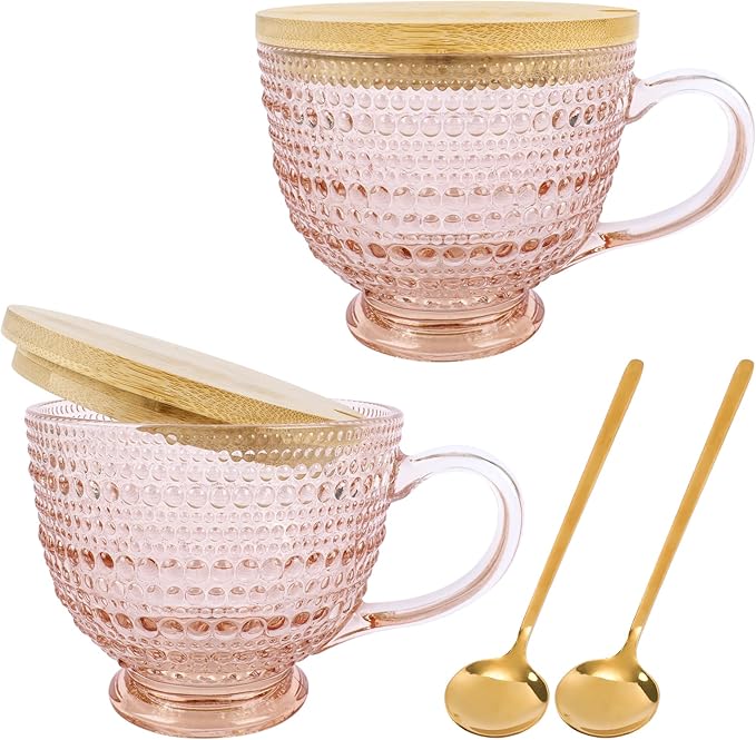 Pink Vintage Latte Mugs Set of 2, 16oz Large Pink Glass Embossed Coffee Mug by MAKERSLAND