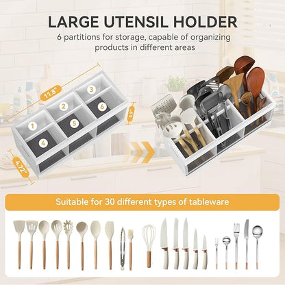 Yofidra Bamboo Utensil Holder & Silverware Organizer: Extra Large Cooking Holder with Absorbing Drying Stone and 6 Compartments Kitchen Countertop Storage Farmhouse Decor Accessories, White
