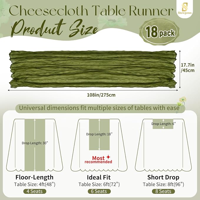 Showgeous 18 Pack Olive Green Cheesecloth Table Runner, 17 x 108 Inches | Boho - Image 2