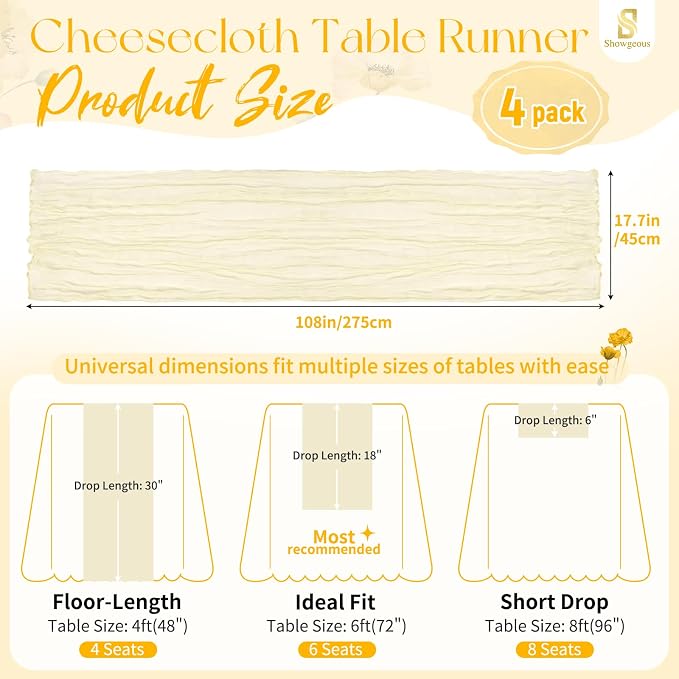 Showgeous 4 Pack Ivory Cheesecloth Table Runner, 17 x 108 Inches | Boho - Image 2