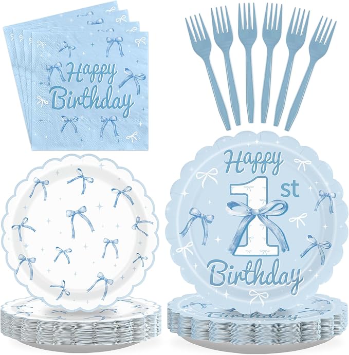 96 Pcs Blue Bow 1st Birthday Party Decoration, Serves 24 | Blue White Bow 1st by Greencian