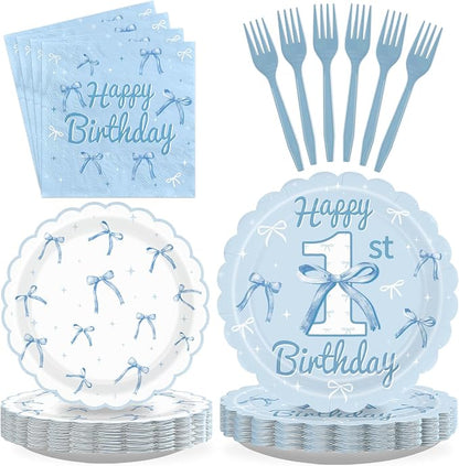 96 Pcs Blue Bow 1st Birthday Party Decoration, Serves 24 | Blue White Bow 1st by Greencian