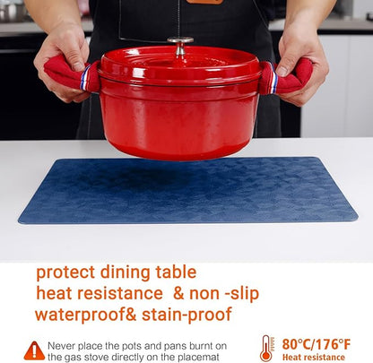 Vinyl Placemats Set of 4 Heat Resistant Easy Clean Non-Slip Place Mats for Dining Table Faux Leather Waterproof Stain Resistant Wipeable Washable PVC Table Mats(4, Blue)