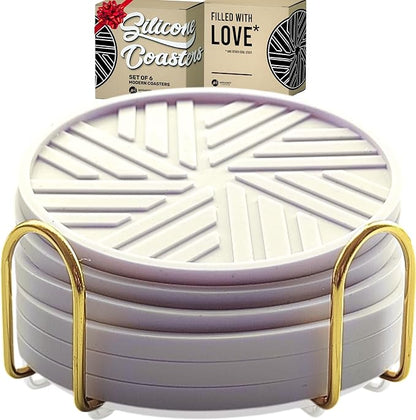 Silicone Drinks Coasters Set of 6 - with Smart, Modern Groove Patterns & Gold Holder Protecs Your cofee Table from Condensation Cups, muggs Home, Office, bar Decor - Lavander White