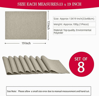 Cloth Place Mats Set of 8–Reusable Rectangular Waterproof Fabric Polyester Washable Wipeable Heat Resistant Linen for Kitchen Dining Dinner Restaurant Wedding Table(Flaxen/13x19 Inch)