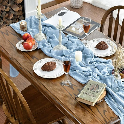 Artoid Mode Boho Ice Blue Gauze 3 Pieces Wedding Table Runner, 120 Inch - Image 5