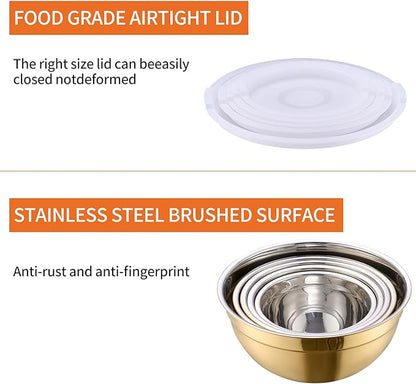 Gold Mixing Bowls with Airtight Lids, Stainless Steel Nesting Mixing Bowls Set of 5, Ideal for Baking, Prepping and Serving Food, Size 5.5, 3.6, 2.7, 2.1, 1.5, QT, Stackable Design