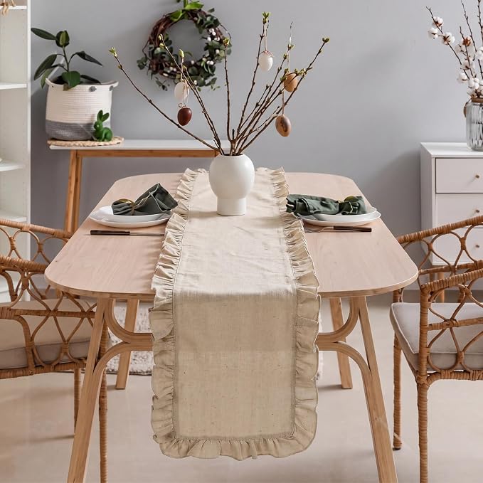 6 Pcs Neutral Beige Ruffled Table Runner, 13 x 72 Inch | Linen Kitchen Dining - Image 5