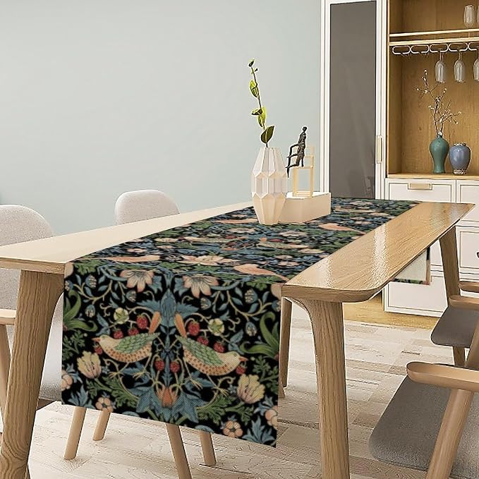 William Morris Floral Table Runner, Strawberry Thief Birds in Green and Blue - Image 2