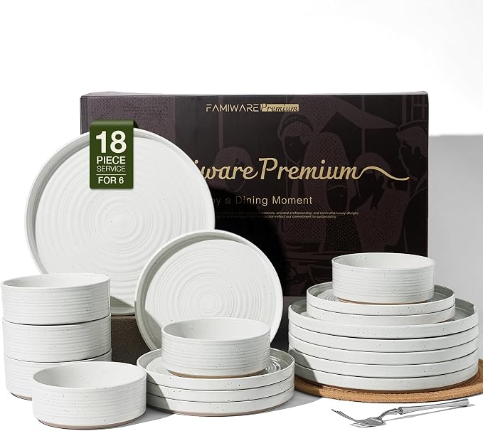 Stoneware Dinnerware Set for 6, Plates and Bowls by FamiwarePremium